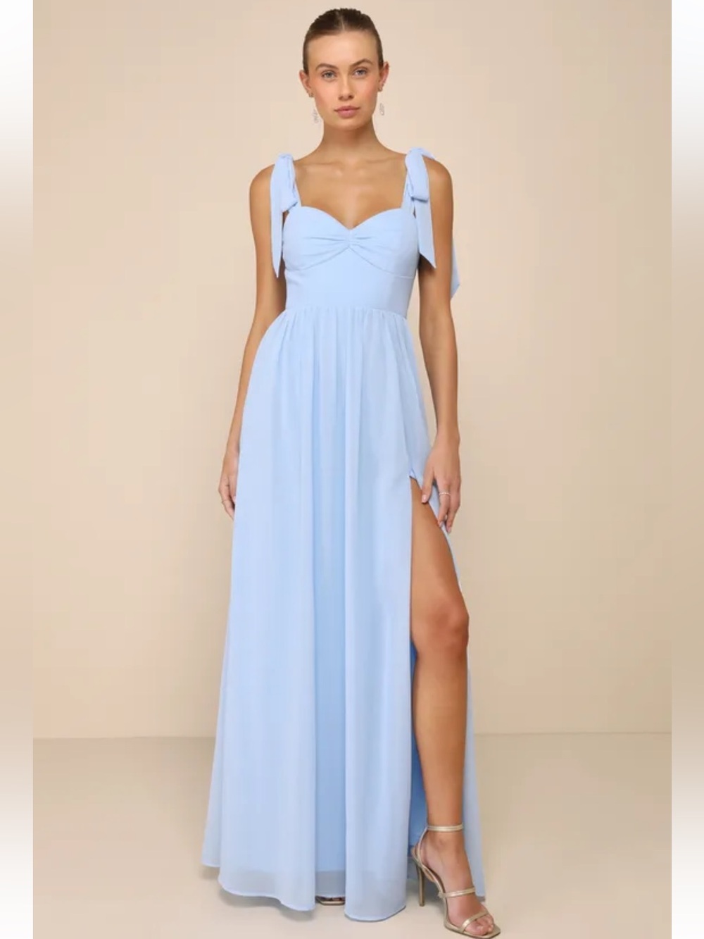 Radiant Charisma Light Blue Chiffon Ruched Tie-Strap Maxi Dress
